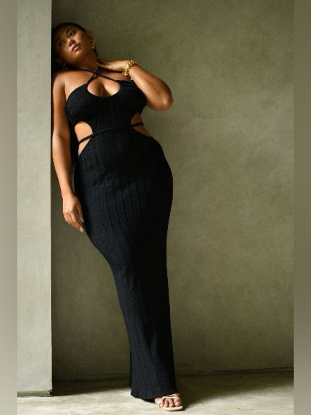 Meshki Black Ribbed Backless Halter Maxi Dress